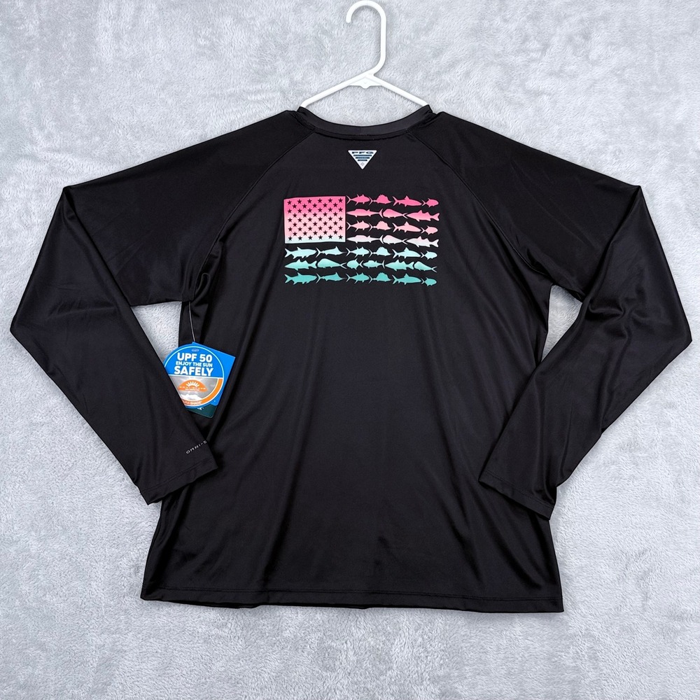 Columbia Tidal Tee PFG Fish Flag LS Womens XL Black Sun Protection Shirt NWT